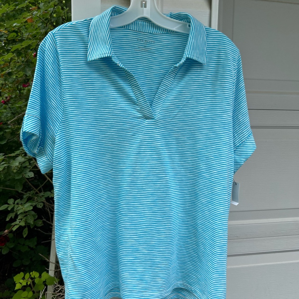 NWT Talbots Pretty Turquoise White Stripe Collared V-Neck Short Cuff Sleeve Top